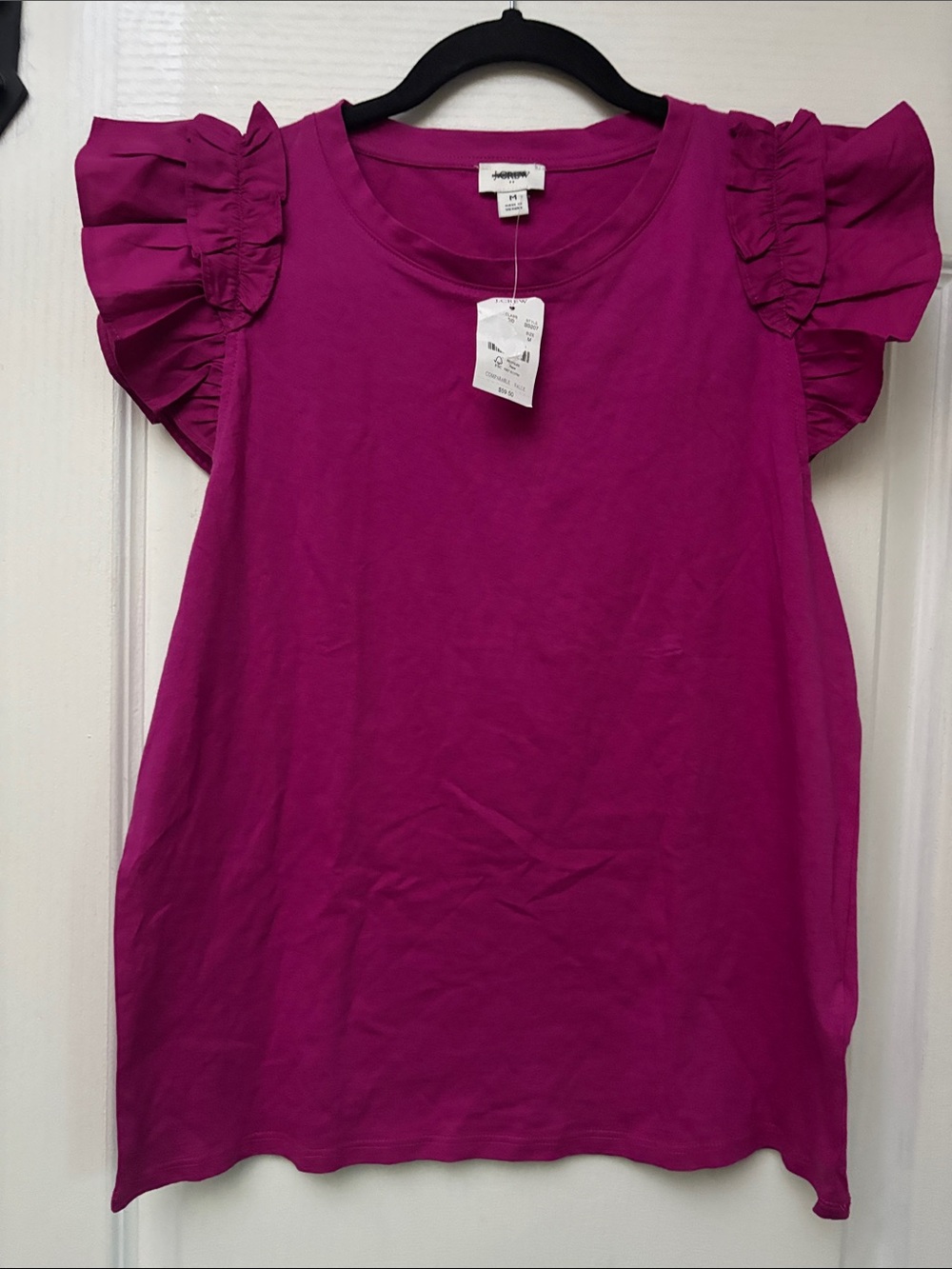 J Crew Magenta Ruffle-Sleeve Cotton Tee